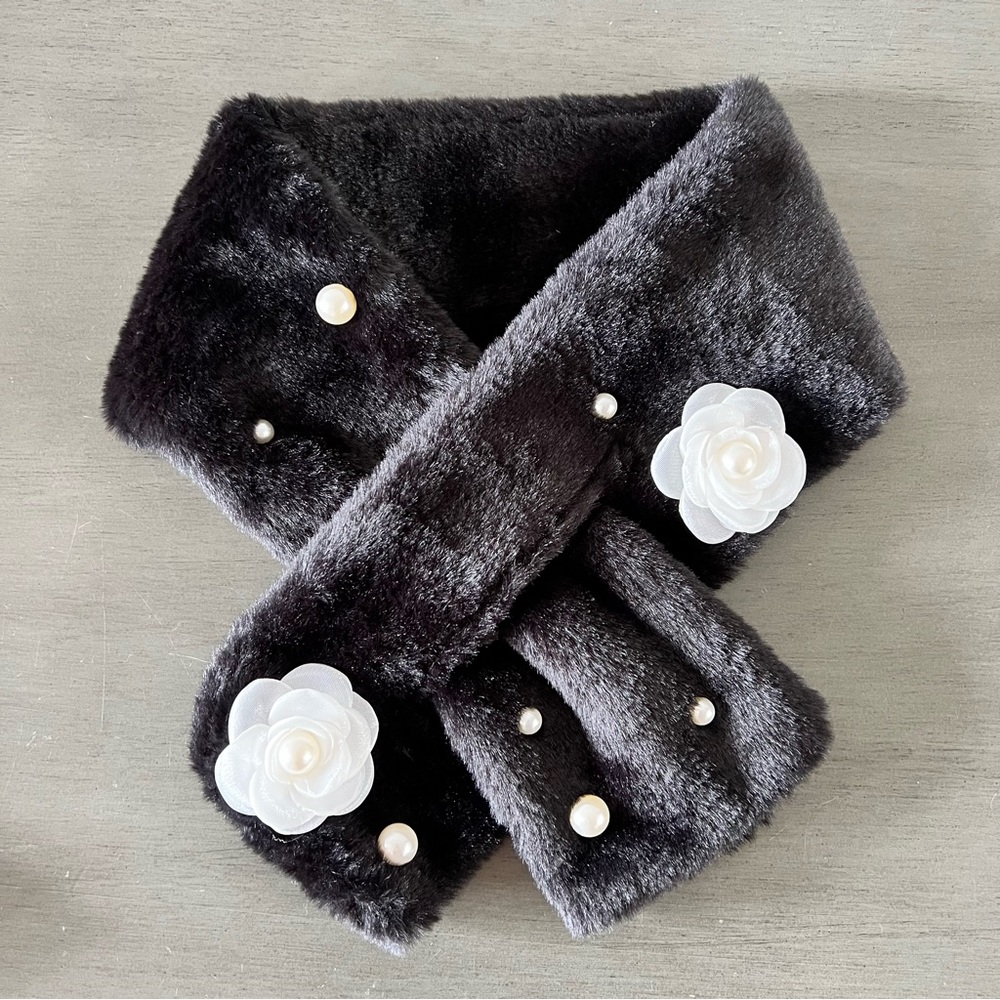 Chic Black and White Faux Fur Scarf with Floral Embellishments